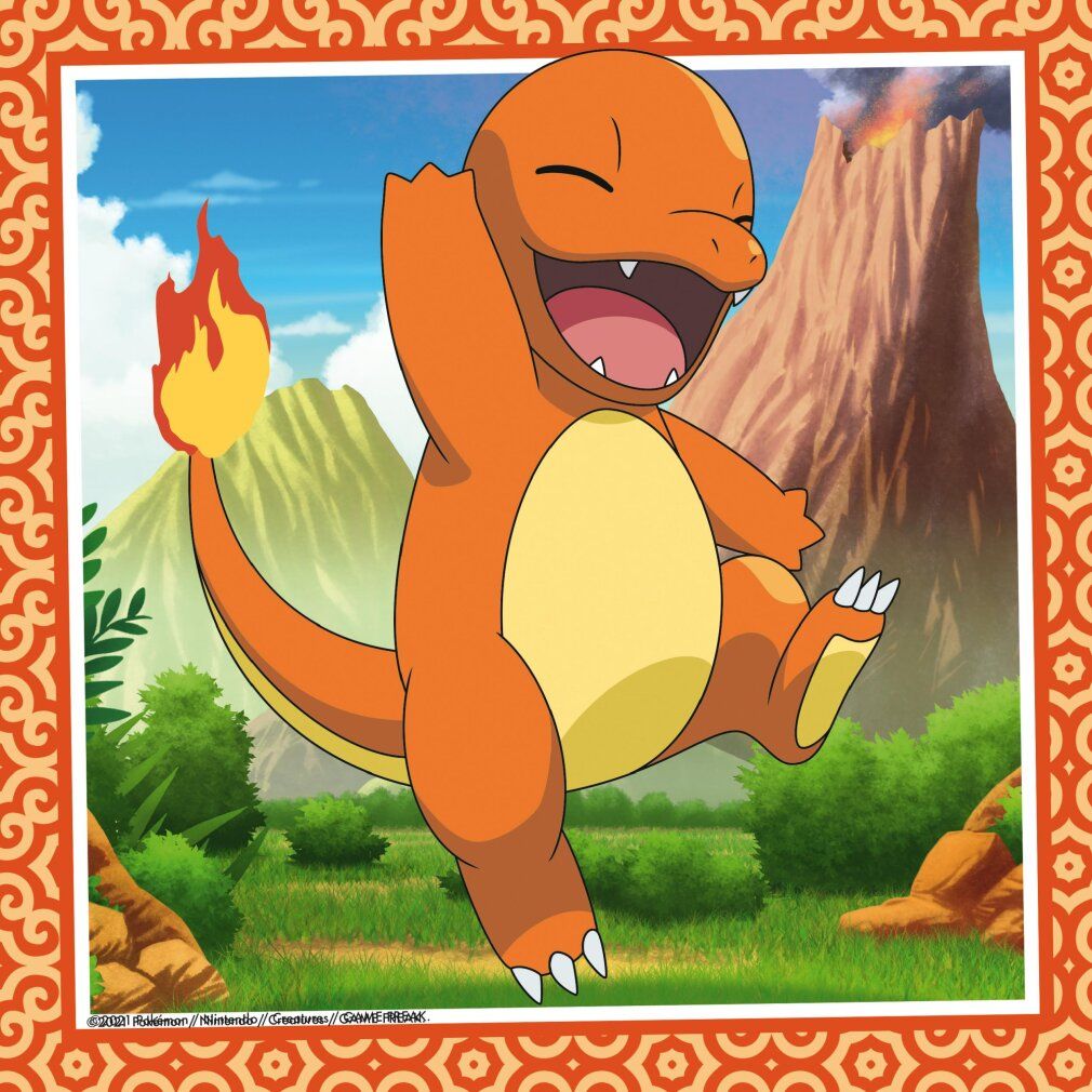 Motivo puzzle: Charmander. Personaggio Pokémon arancione con sfondo vulcanico. Parte di un puzzle. Marca: Ravensburger.