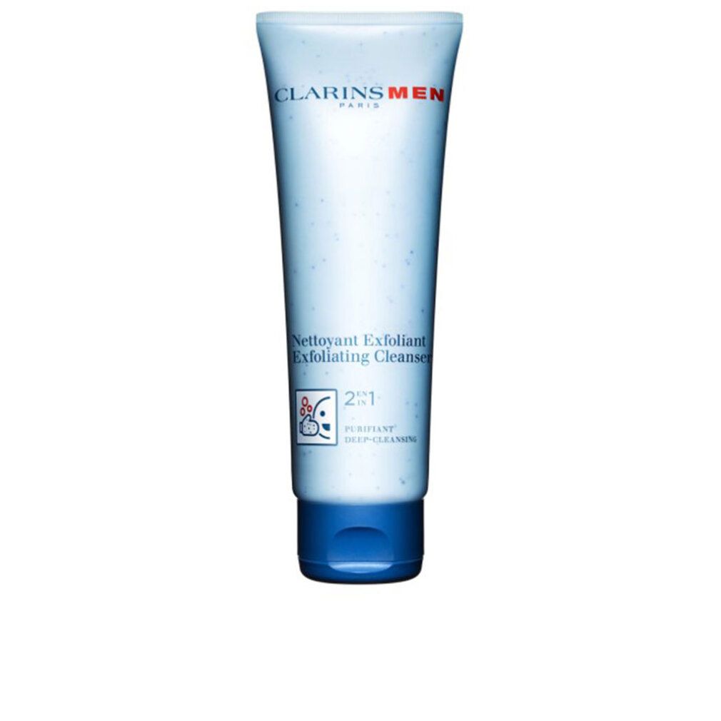 Tubo bianco con tappo blu. Scritta: CLARINS MEN, Nettoyant Exfoliant, 2 in 1. Prodotto per uomo.