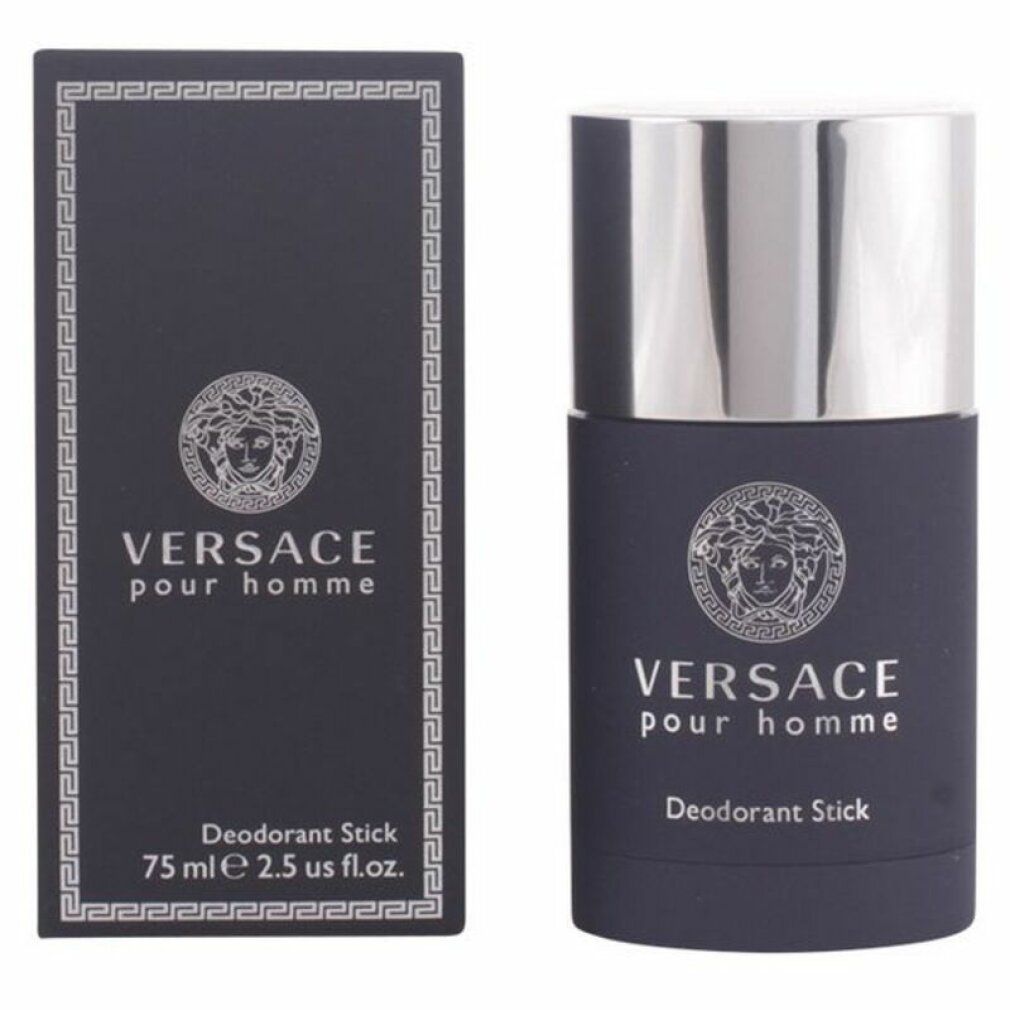 Stick deodorante e confezione. Scritta: VERSACE pour homme, Deodorant Stick, 75 ml 2.5 us fl.oz. Logo: testa di Medusa.