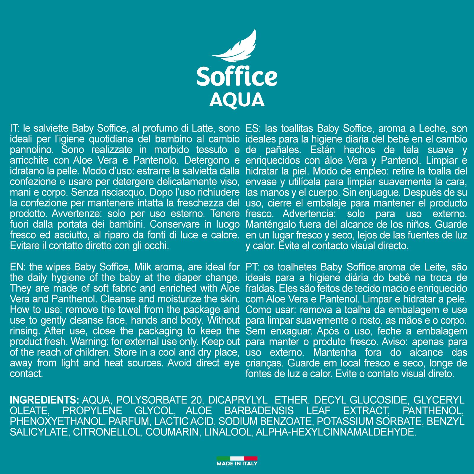 Soffice Salviette Baby Aqua: Retro con ingredienti e istruzioni d'uso.