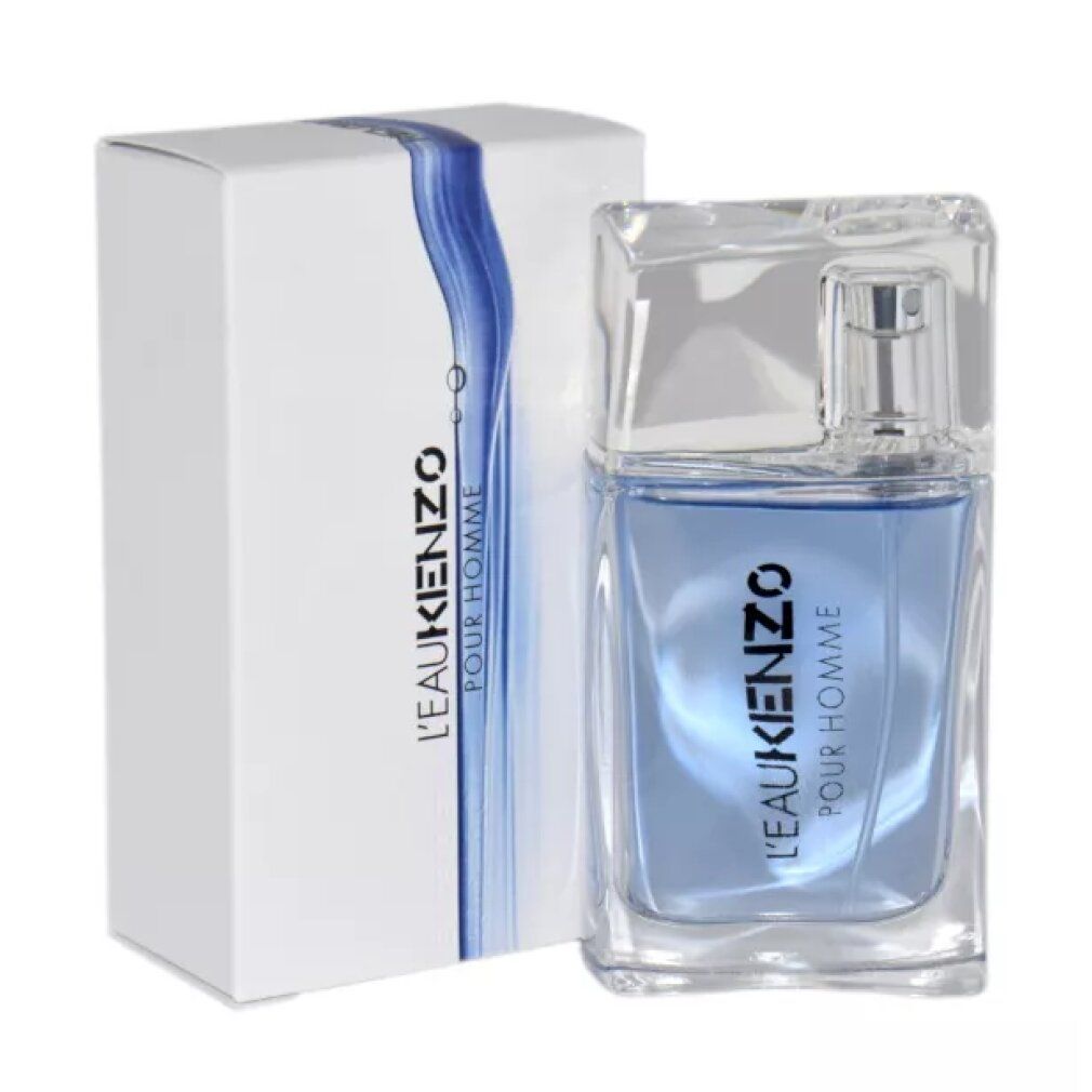 Flacone e confezione L'Eau Kenzo Pour Homme. Flacone in vetro trasparente con acqua profumata blu e spruzzatore argentato.
