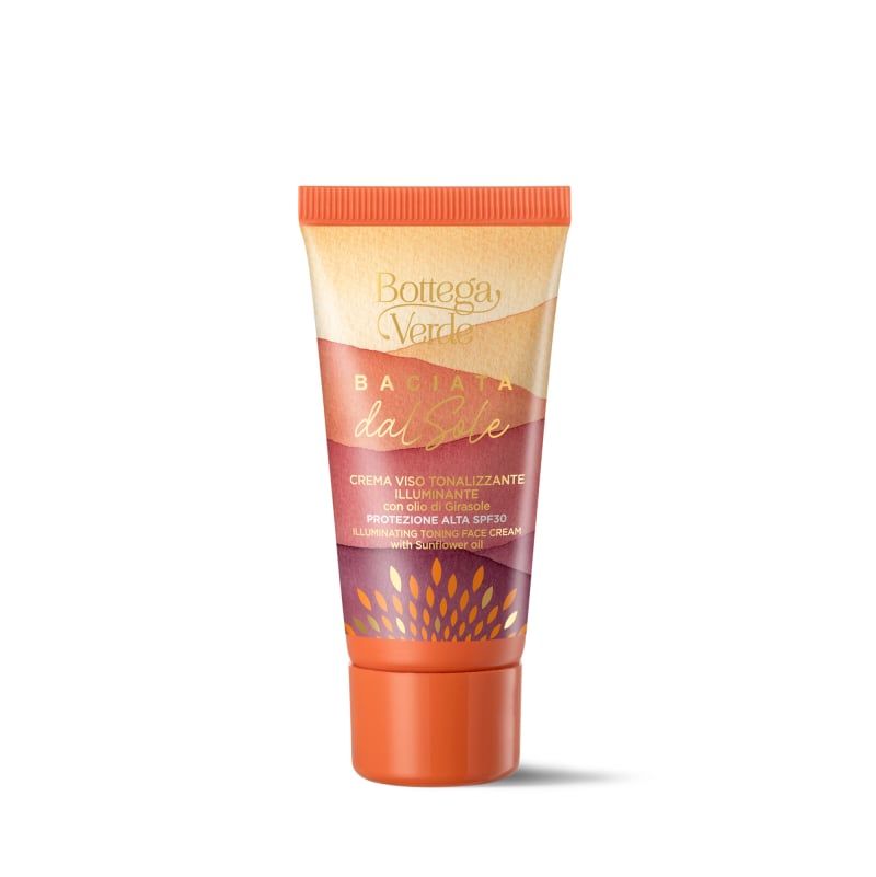 Tubo di crema con tappo arancione. Scritta: Bottega Verde, Baciata dal Sole, Crema viso tonalizzante illuminante, Protezione alta SPF30.