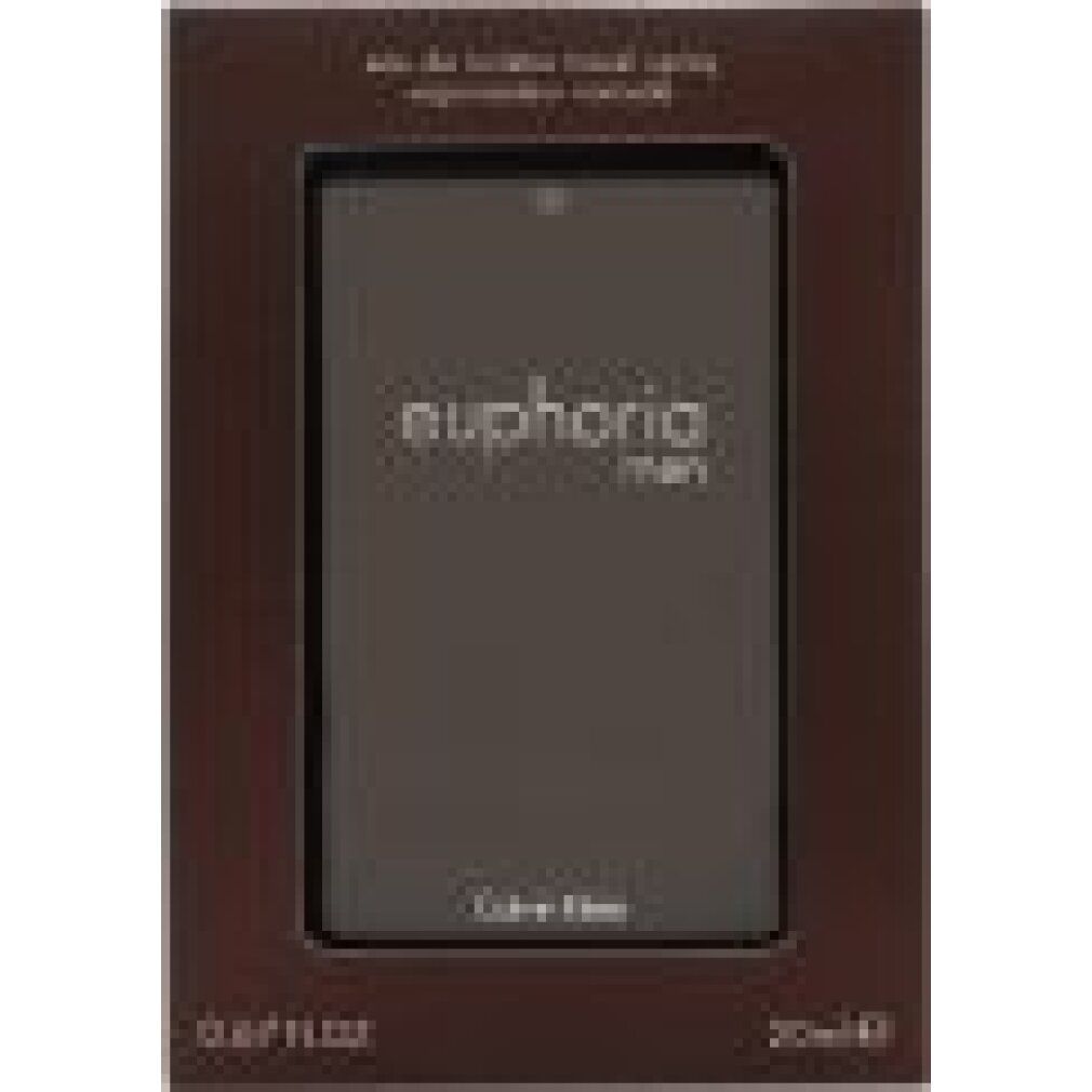 Confezione marrone scuro con finestra. All'interno: flacone rettangolare con "euphoria men". Sotto: "Calvin Klein".