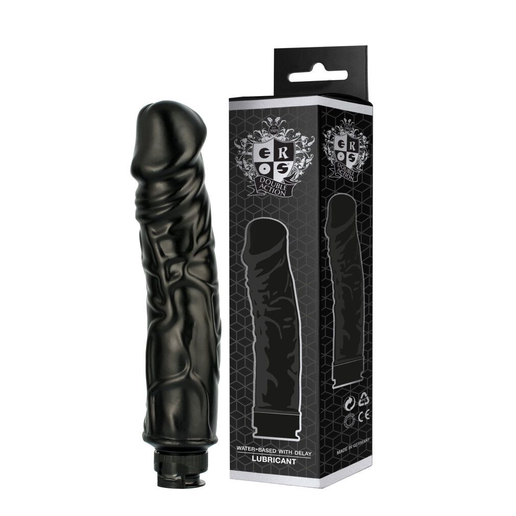 Prodotto benessere nero accanto alla confezione. Confezione: EROS, Water-Based with Delay Lubricant. Con gancio.