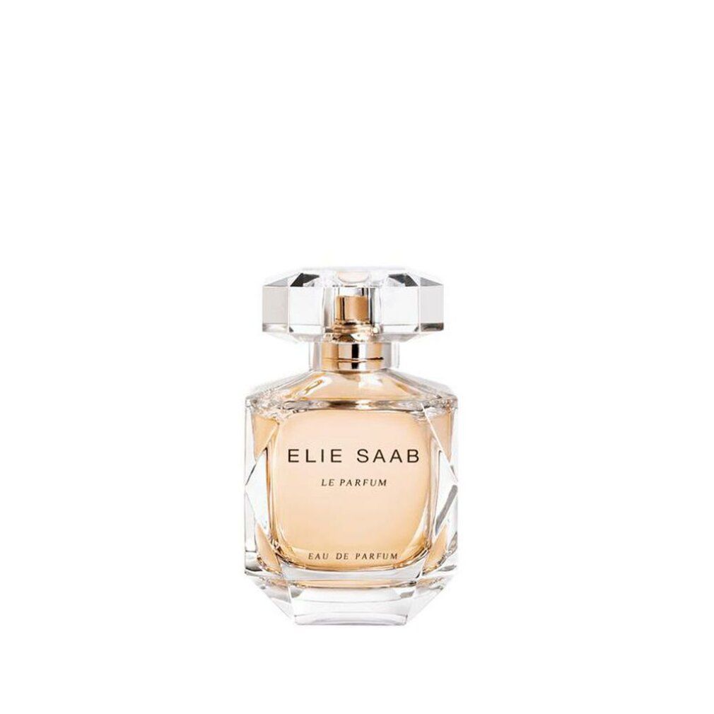 Flacone Elie Saab Le Parfum EDP. Flacone in vetro trasparente con tappo dorato. Scritta: Elie Saab Le Parfum Eau de Parfum.