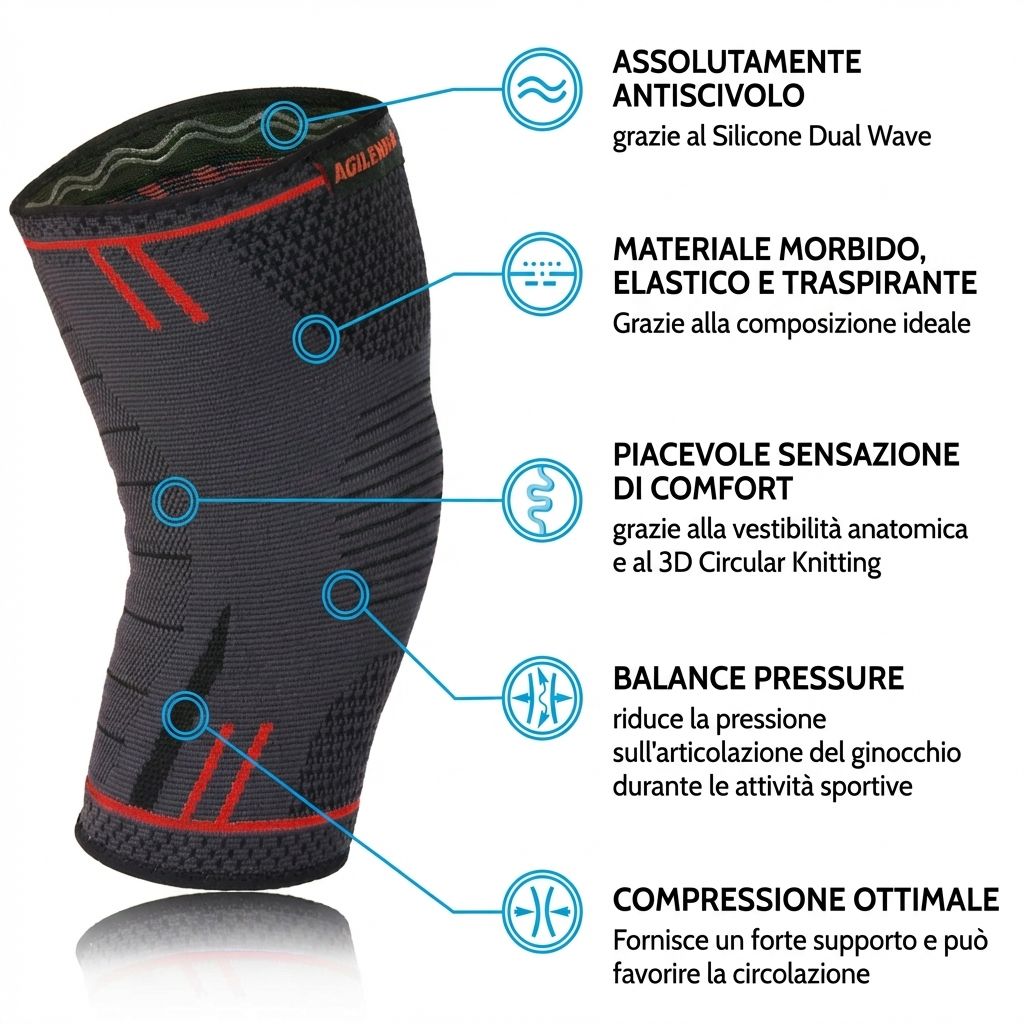 Ginocchiera grigio-nera con dettagli rossi. Vestibilità anatomica, maglia circolare 3D. Compressione ottimale.