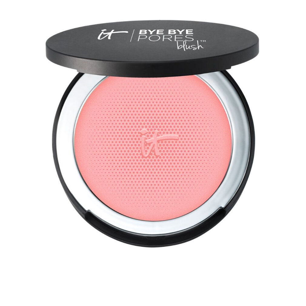 Contenitore rotondo di blush, polvere rosa. Coperchio nero con logo e testo.