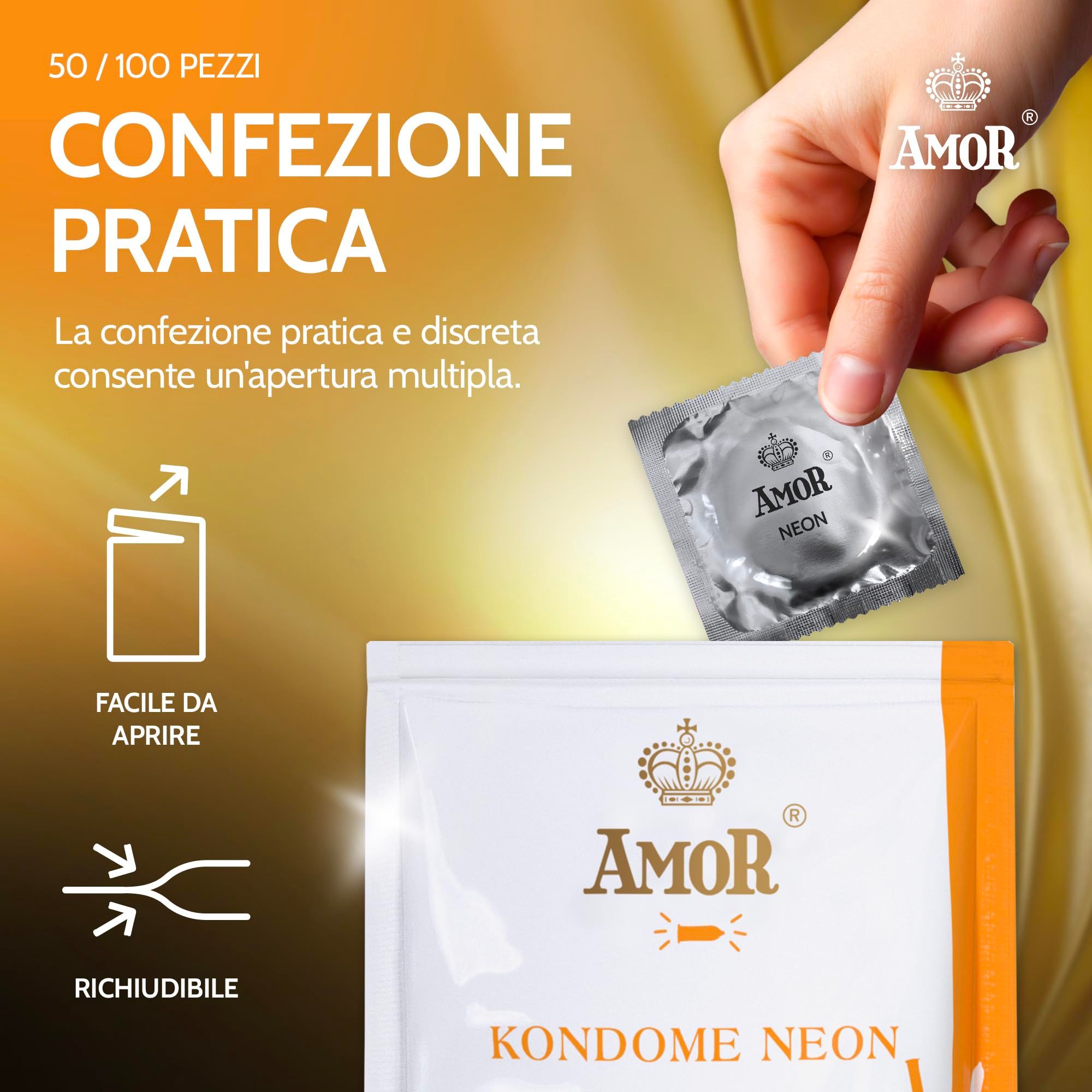 Mano tiene un preservativo AMOR Neon confezionato singolarmente.