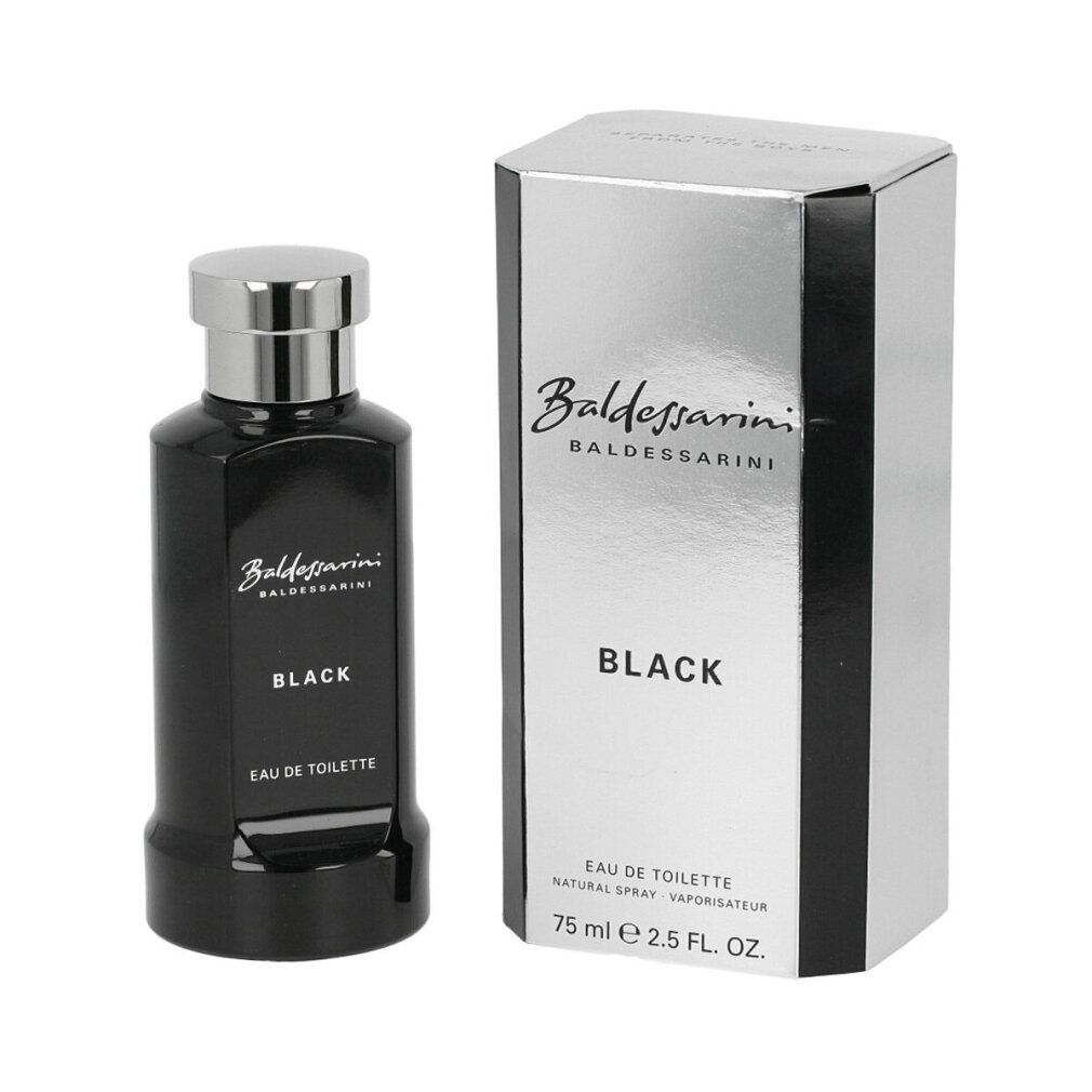 Flacone e confezione neri. Scritta: Baldessarini Black Eau de Toilette. Tappo argentato.