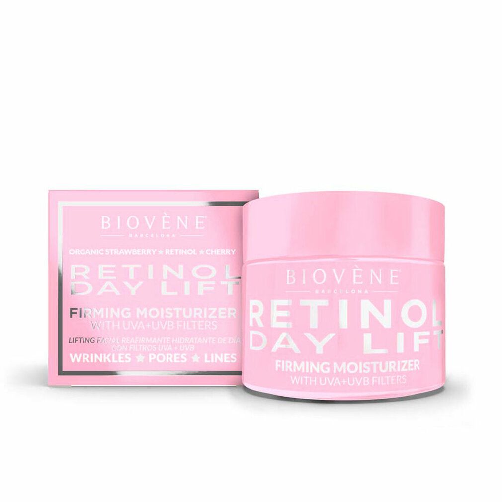 Vaso e scatola rosa con testo e nome del prodotto. Scritta: Retinol Day Lift Firming Moisturizer. Marchio: Biovene.