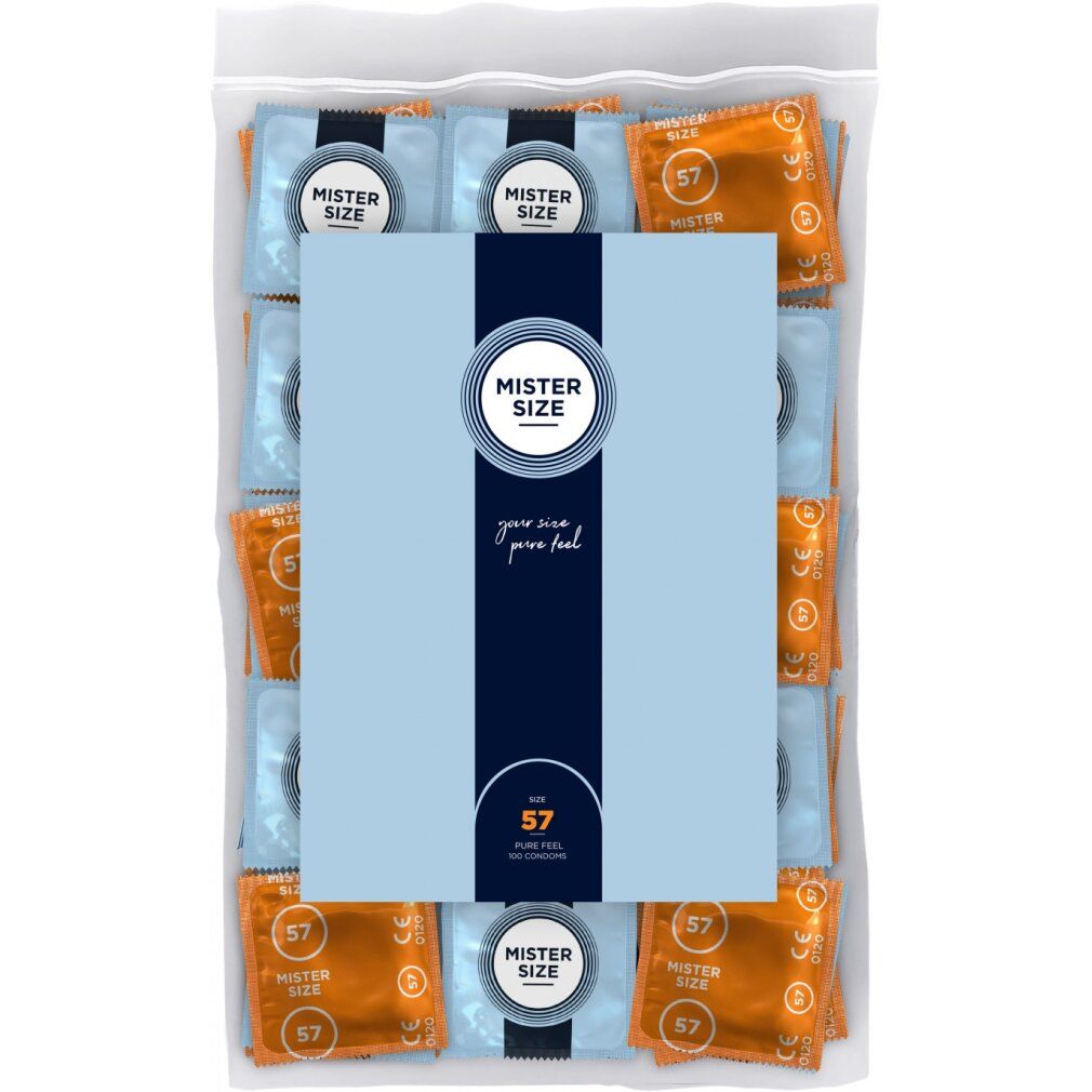 Confezione di preservativi. Confezioni singole blu e arancioni. Scritta: Mister Size, 57.