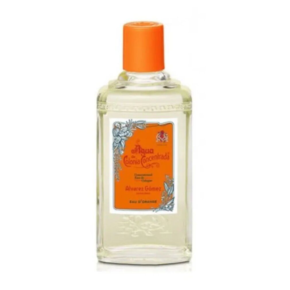 Flacone trasparente con tappo ed etichetta arancioni. Scritta 'Acqua di Colonia Concentrada'. 'Eau d'Orange'.