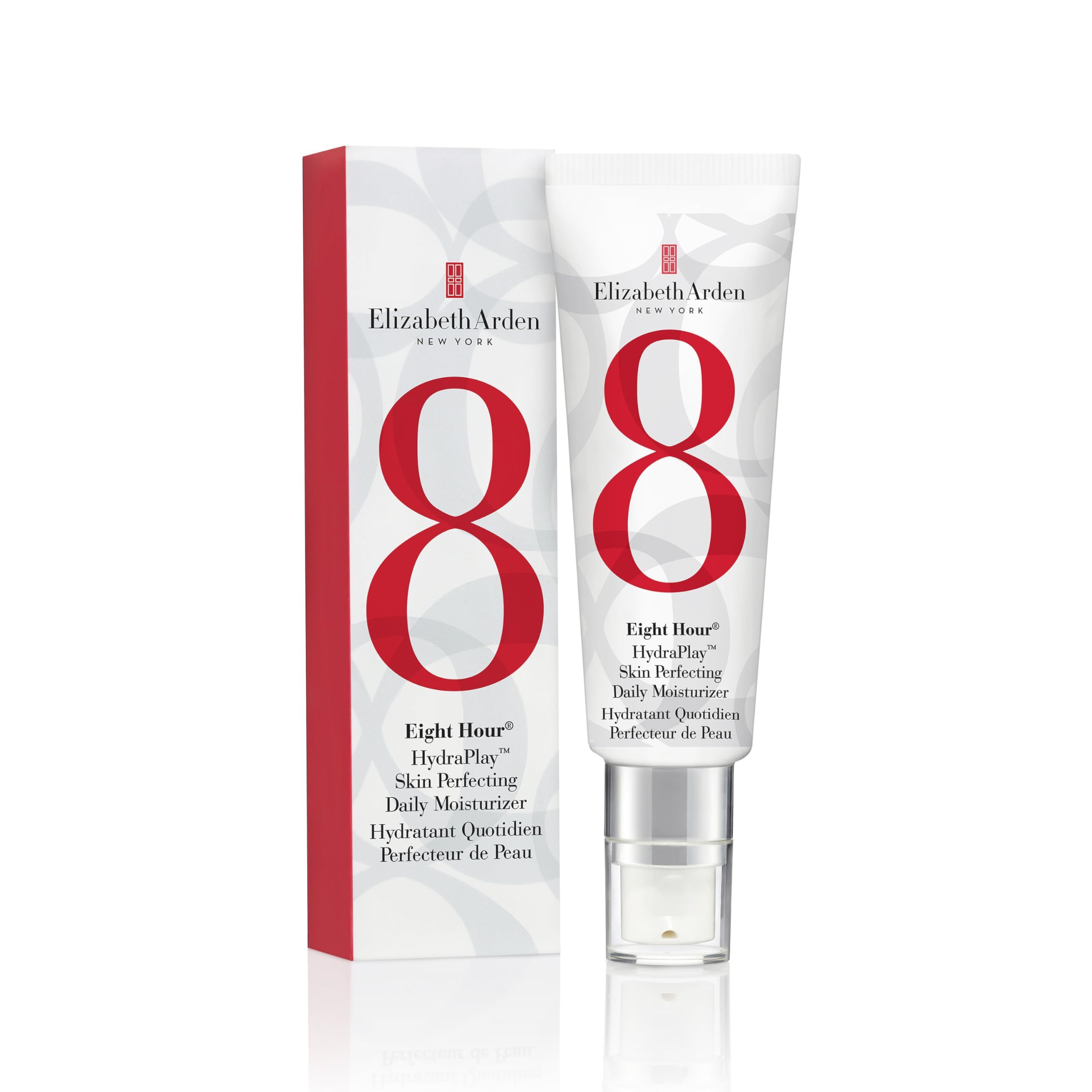 Tubo bianco con "8" rosso e confezione rossa. Testo: Elizabeth Arden, Eight Hour Hydraplay Skin Perfecting Daily Moisturizer.
