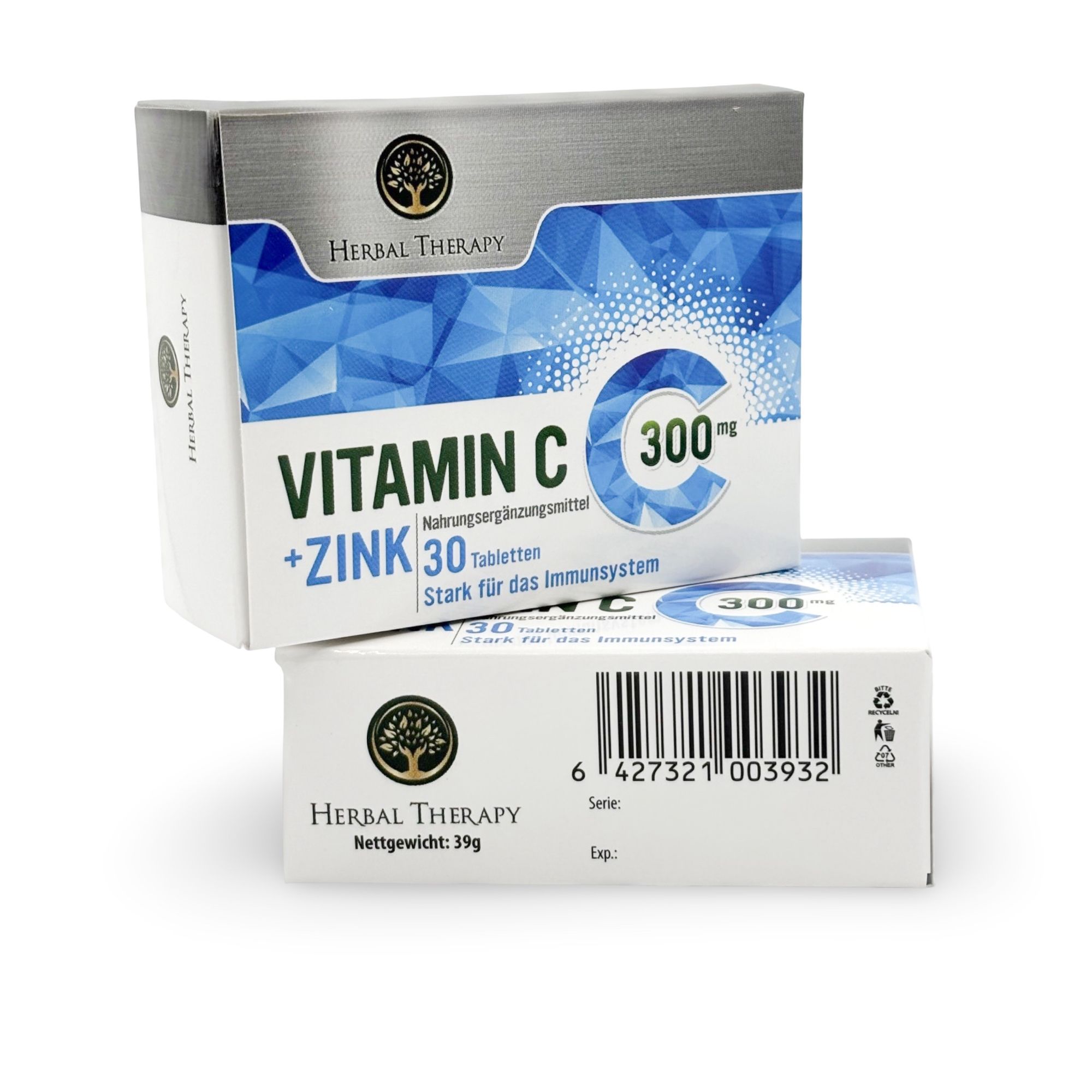 Due scatole "Herbal Therapy VITAMINE C 300 mg avec zinc". Sopra e sotto. Codice a barre e peso netto 35g visibili.