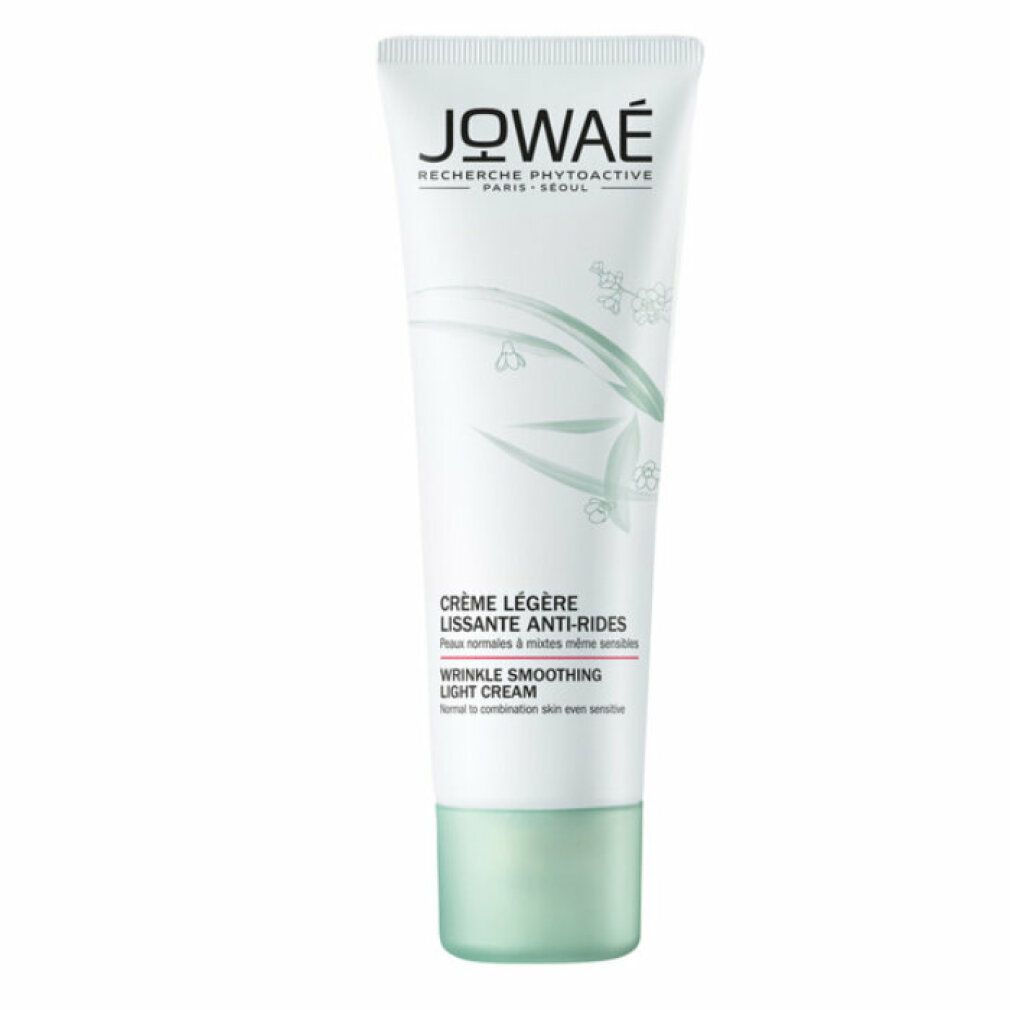 Tubo di crema JOWAE, Crème légère lissante anti-rides. Colori verde e bianco. Vista del prodotto.
