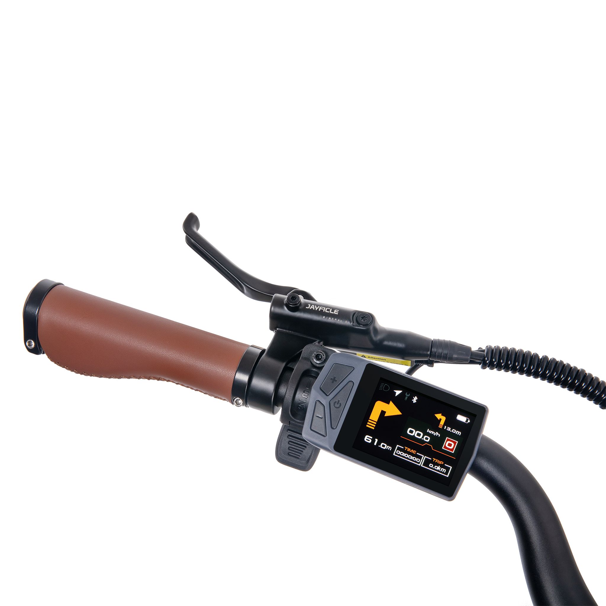 Manubrio di e-bike. Impugnature marroni, comandi neri e display informativo. Leva del freno.