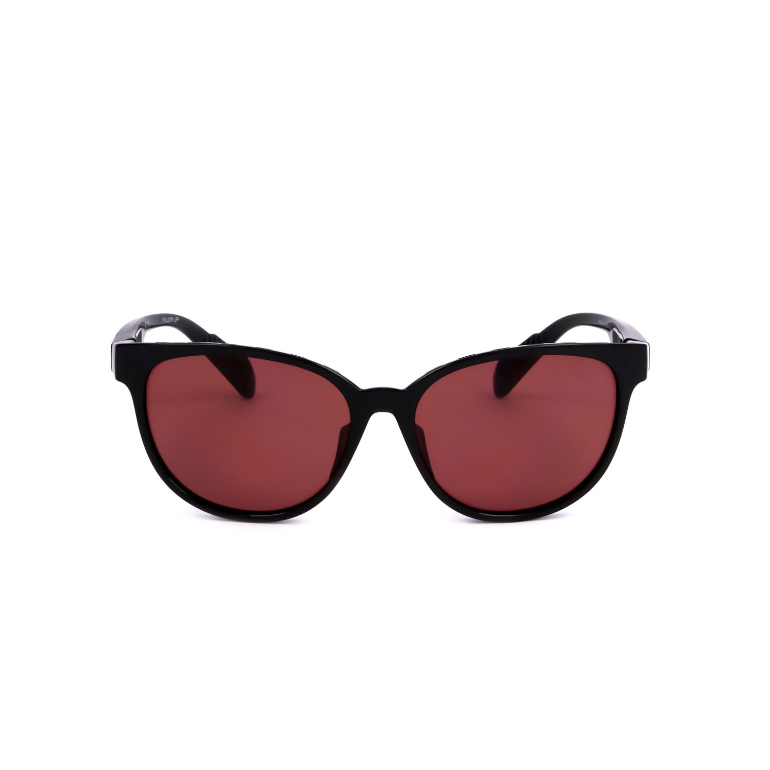 Occhiali da sole neri con lenti rosse e montatura larga.