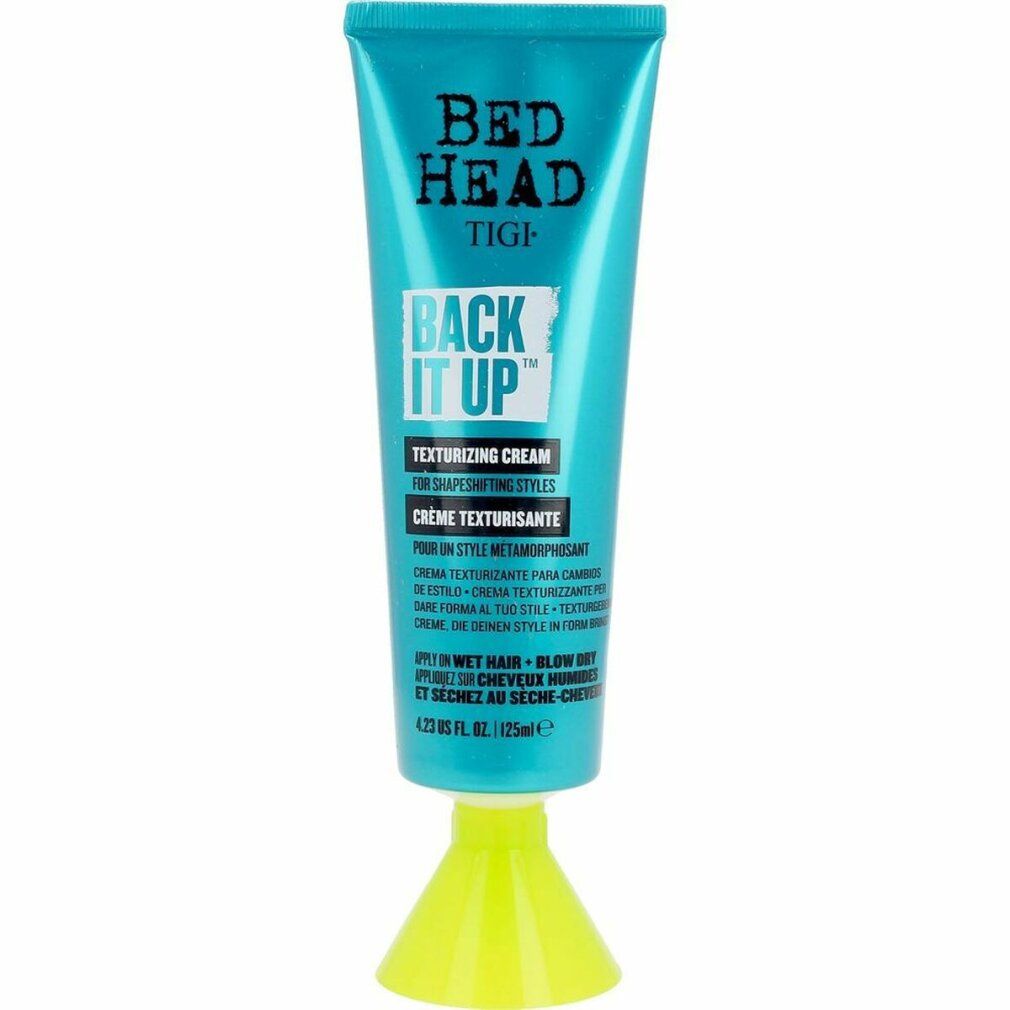 Tubo turchese con testo nero. Bed Head, TIGI, Back It Up Texturizing Cream. 125ml. Base verde.