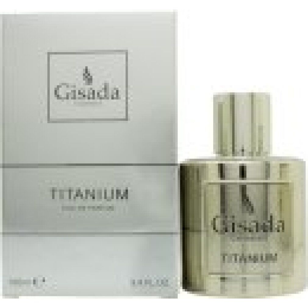 Confezione e flacone argentati. Scritta: Gisada, Titanium Eau de Parfum.
