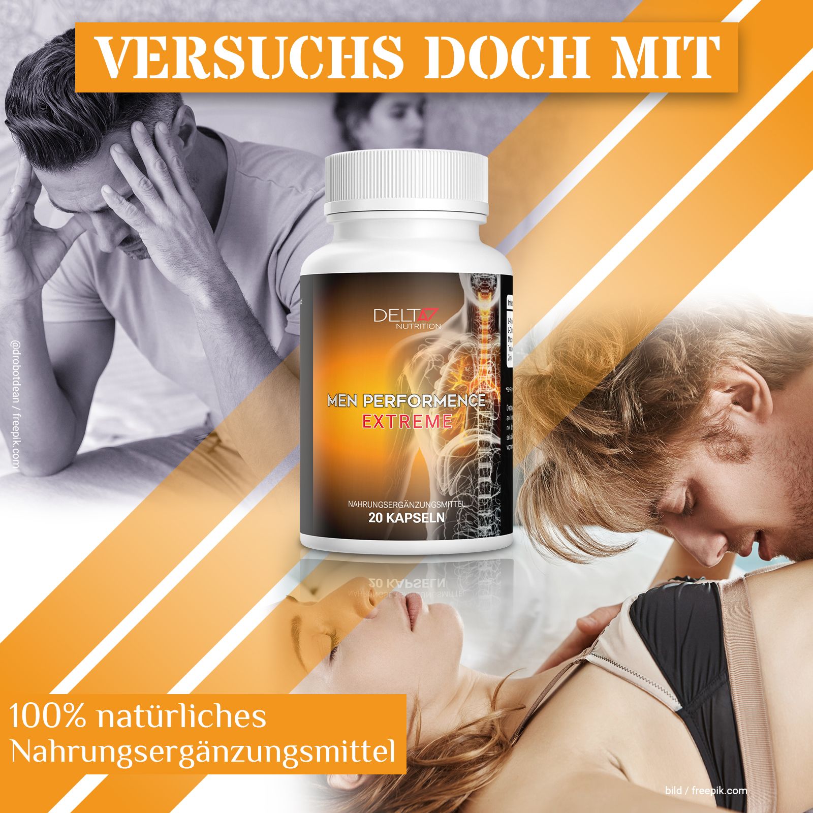 Flacone di capsule, scritta: Men Performance Extreme, 20 capsule. Sfondo: coppie, testo: 100% integratore alimentare naturale.