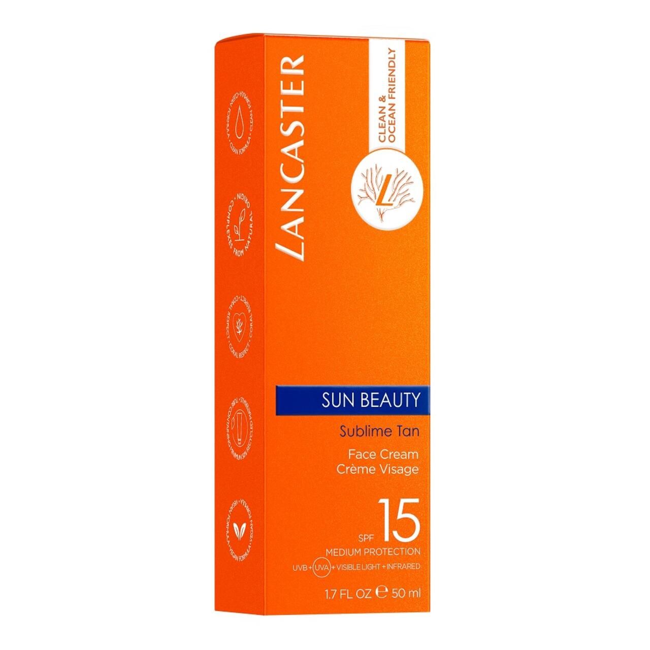 Confezione arancione con testo bianco. Lancaster Sun Beauty, SPF 15. Crema viso. Ocean Friendly.