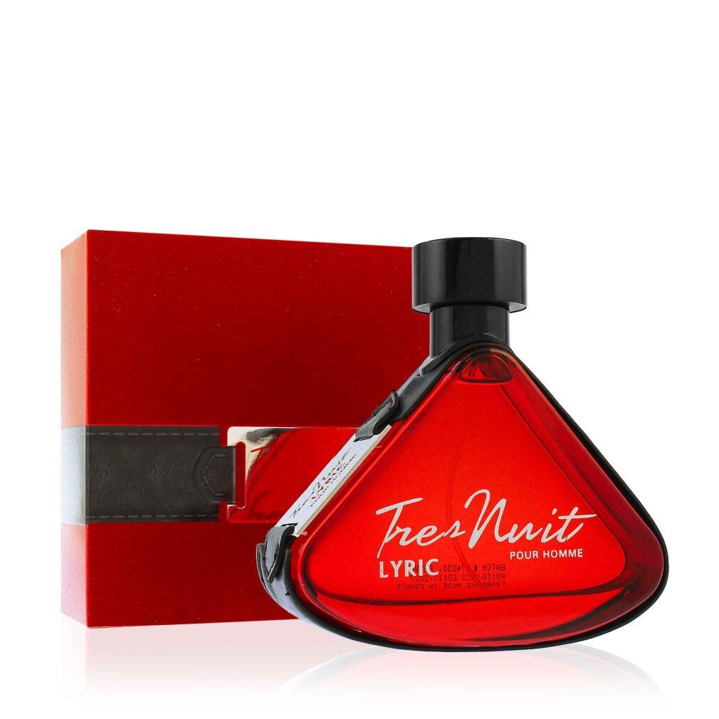 Flacone rosso con tappo nero e confezione rossa. Scritta Tres Nuit Lyric Pour Homme.