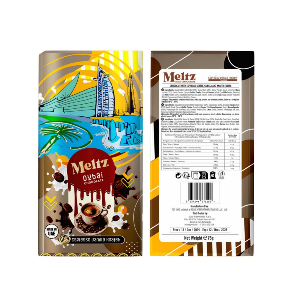 Barretta di cioccolato con stampa. Fronte: Burj Al Arab, nome prodotto, Espresso Vaniglia Knafeh. Retro: informazioni nutrizionali.