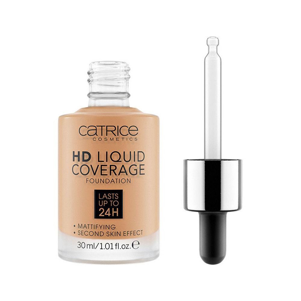 Fondotinta liquido con contagocce. Scritta: Catrice, HD Liquid Coverage Foundation, opacizzante, 30ml.