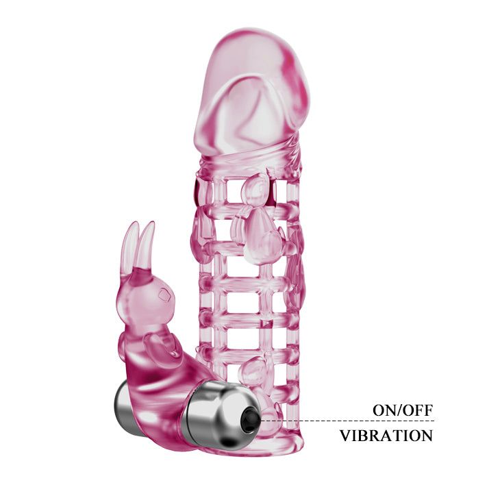 Prolunga rosa con design coniglio e vibratore. Struttura trasparente a griglia. Scritta: ON/OFF VIBRATION.