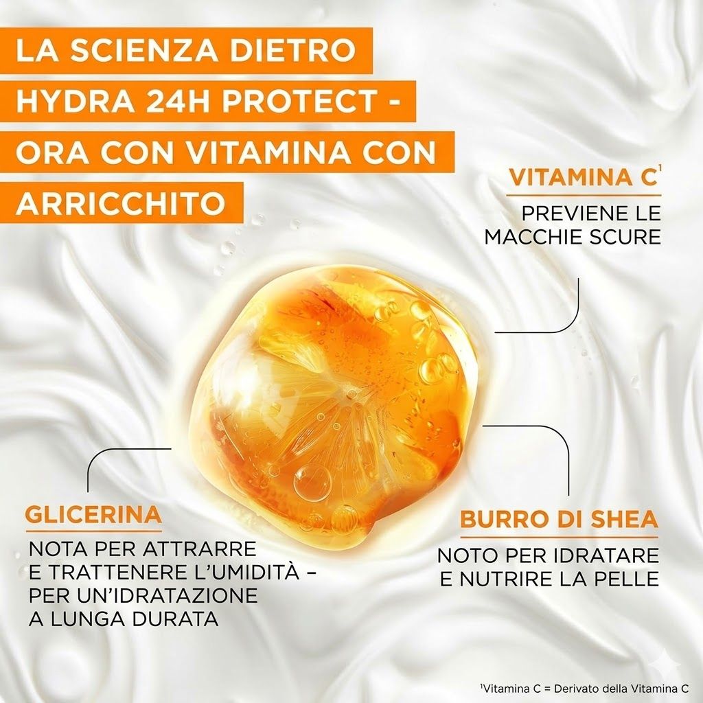 Garnier Ambre Solaire Hydra Protect+ LSF 30. Ingredienti: Glicerina, burro di karité, vitamina C. Previene le macchie scure.