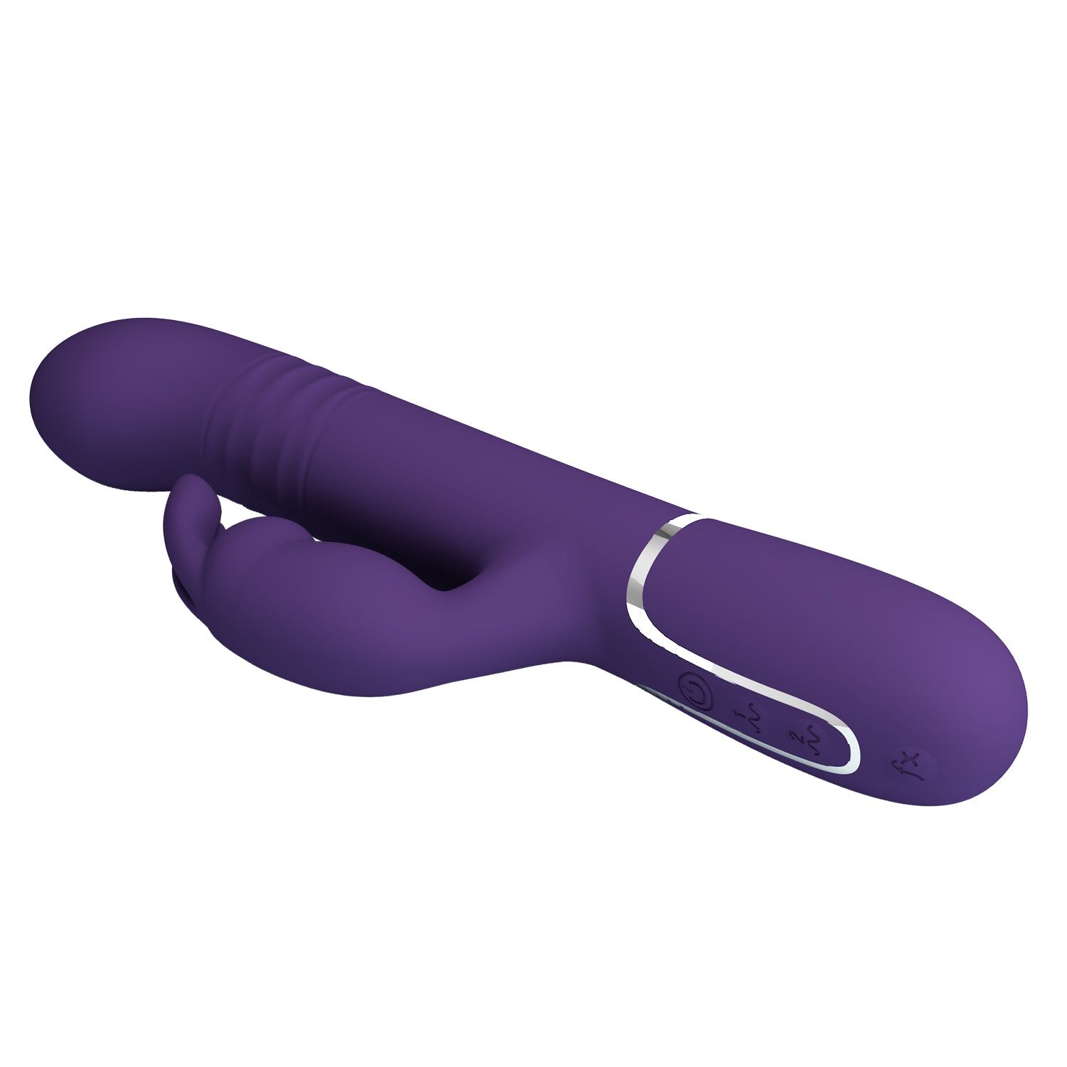 Vibratore viola con design a orecchie di coniglio. Stelo cilindrico, estremità arrotondata, pulsanti.