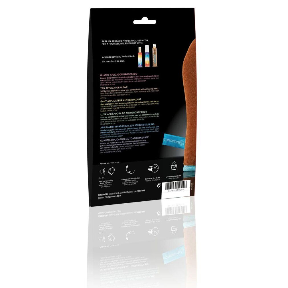 Confezione con informazioni sul prodotto. Scritte multilingue. Guanto applicatore abbronzante marrone. Etichetta blu.