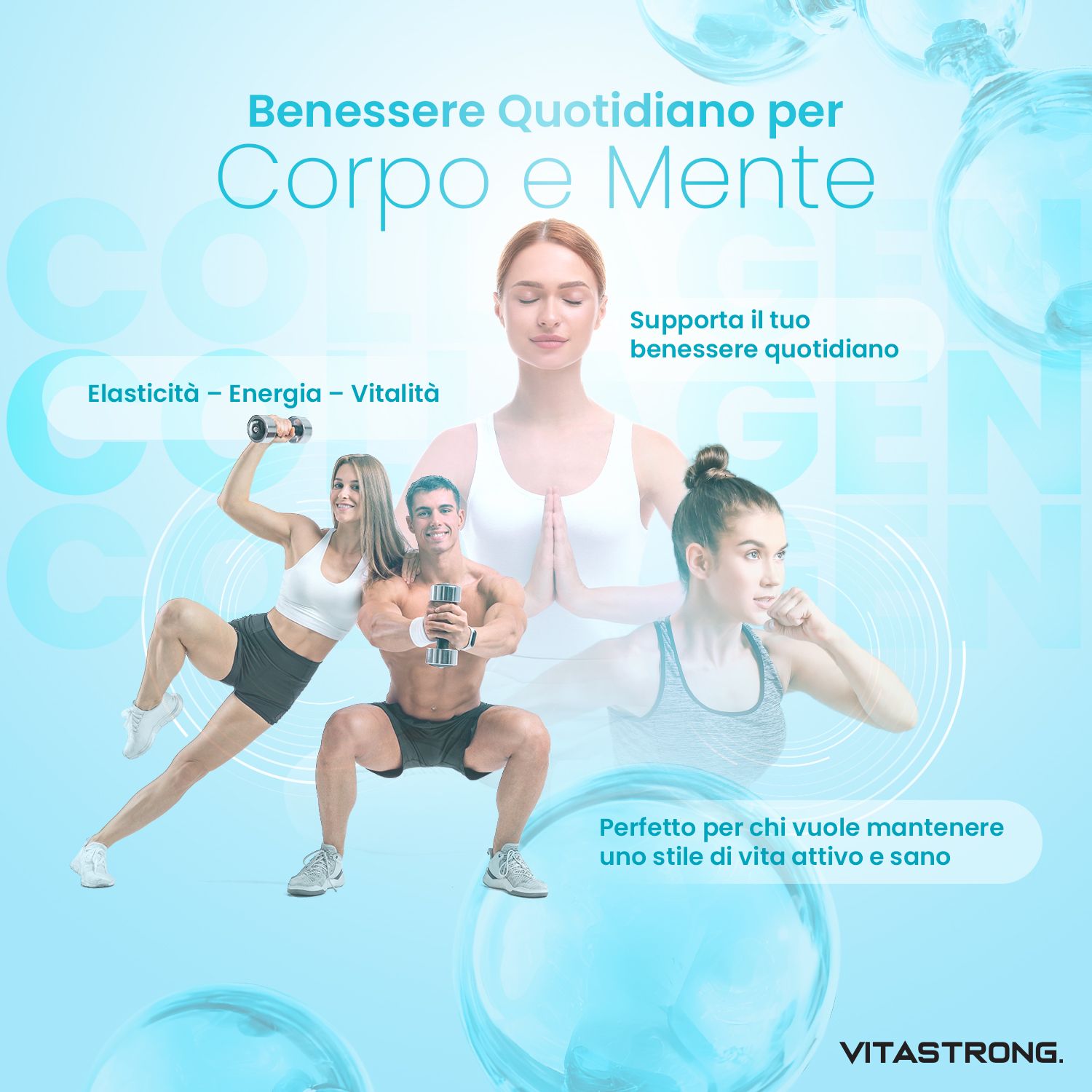 Tre persone durante l'allenamento e la meditazione. Testo: Elasticità, energia, vitalità. Vitastrong per corpo e mente.