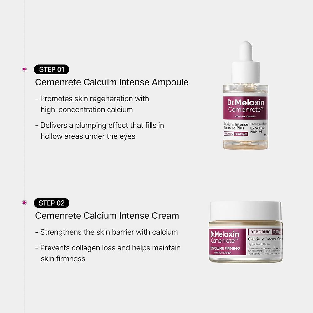 Dr. Melaxin Cemenrete Calcium Intense Ampoule e Cream, due prodotti per la cura della pelle in contenitori di vetro.