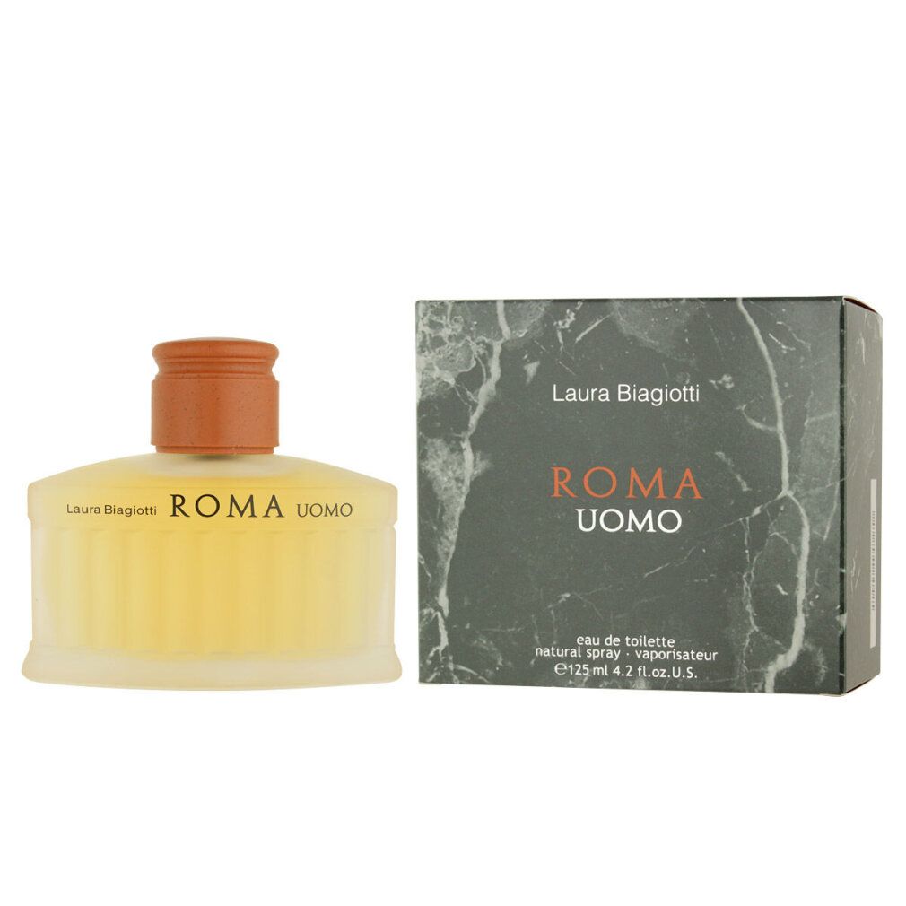 Flacone di profumo con tappo marrone e scatola. Scritta: ROMA UOMO. Flacone e scatola affiancati.