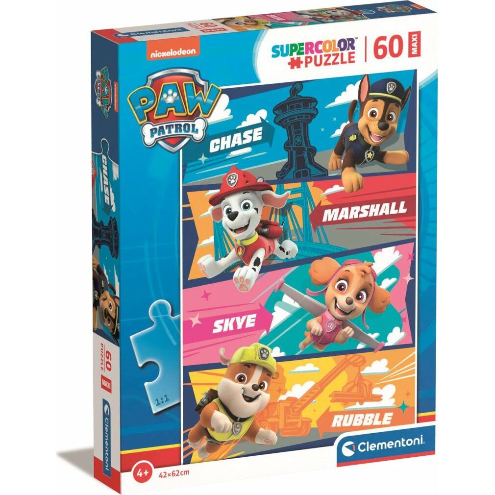 Scatola puzzle Paw Patrol. 60 pezzi. Chase, Marshall, Skye e Rubble raffigurati. Logo Clementoni.