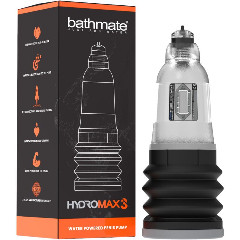 Pompa Bathmate Hydromax3 e confezione con caratteristiche del prodotto.