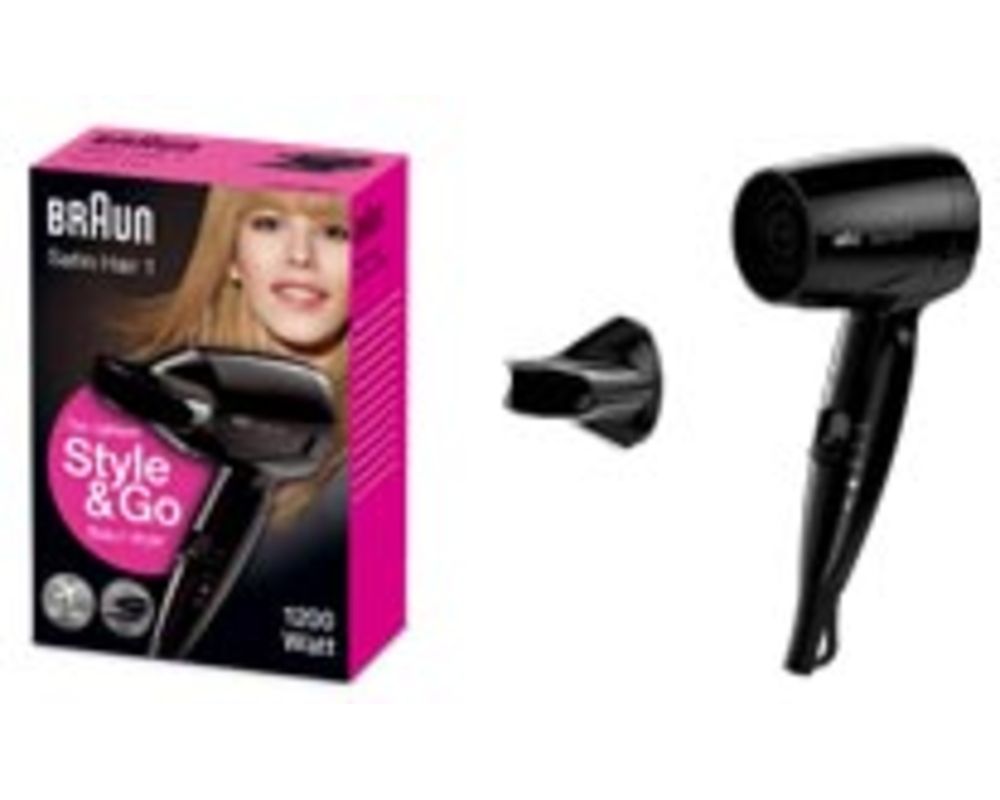 Asciugacapelli Braun Satin Hair 1 Style & Go e bocchetta styling accanto alla confezione.