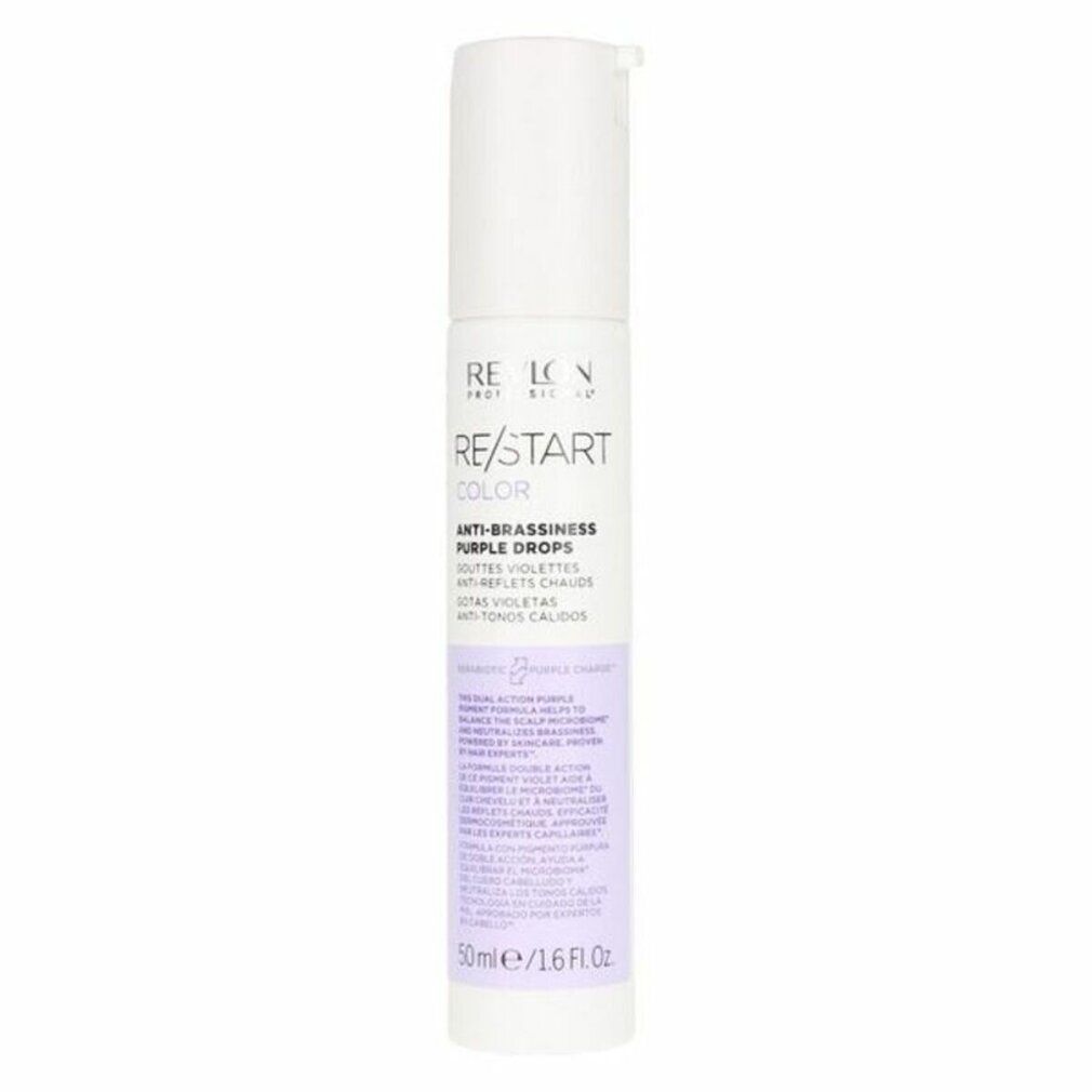 Flacone bianco-viola. Scritta: Revlon Re-Start Color Anti-Brassiness Purple Drops. 50ml/1.6 fl.oz.