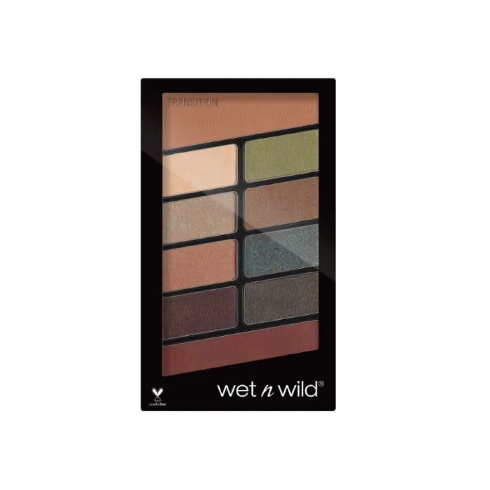 Palette ombretti nera con 10 colori. Contiene tonalità dal beige al marrone e verde. Marchio: wet n wild. Con logo Cruelty-Free.