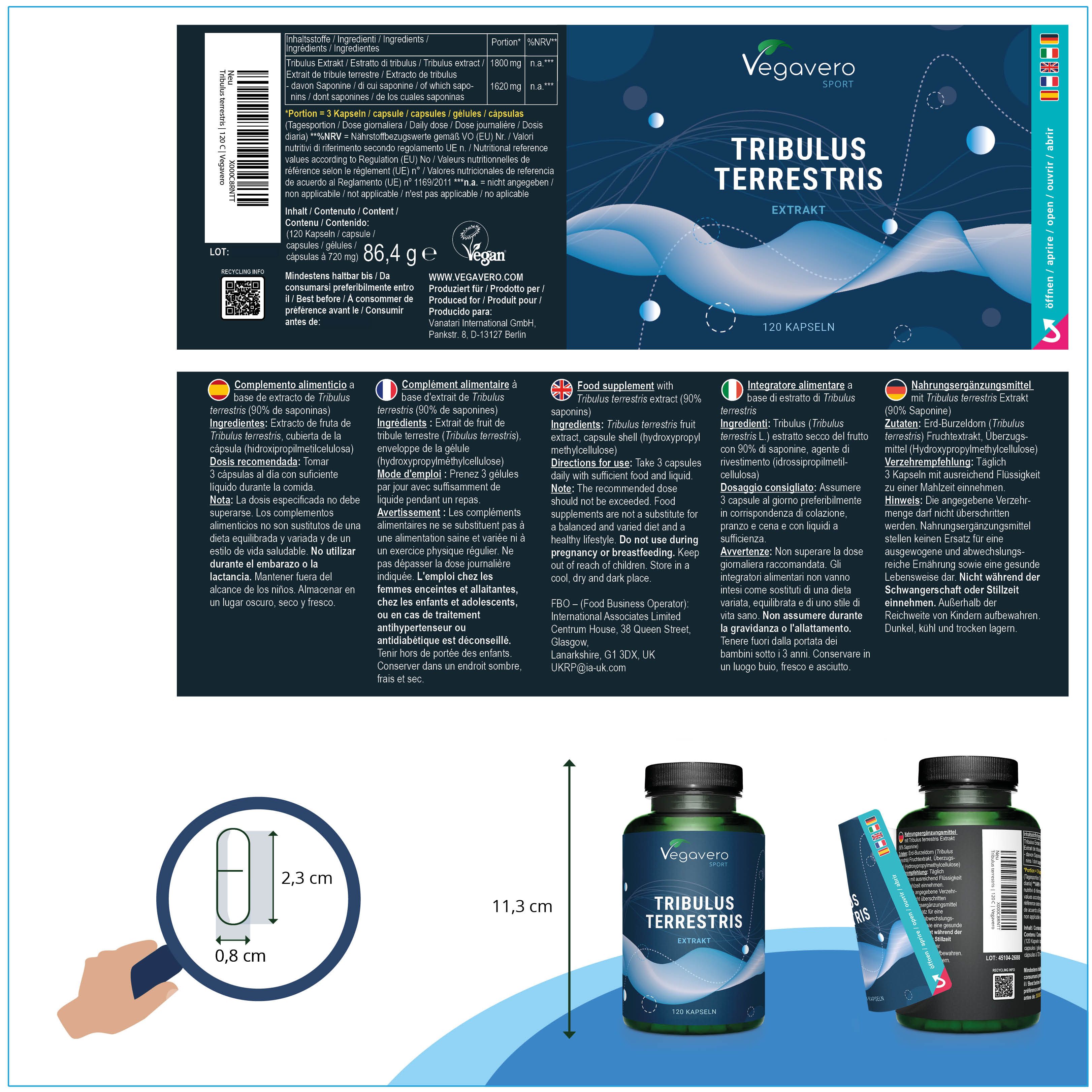 Confezione del prodotto con flacone e foglietto illustrativo. Flacone: Tribulus Terrestris Extrakt, 120 capsule. Foglietto con testo.