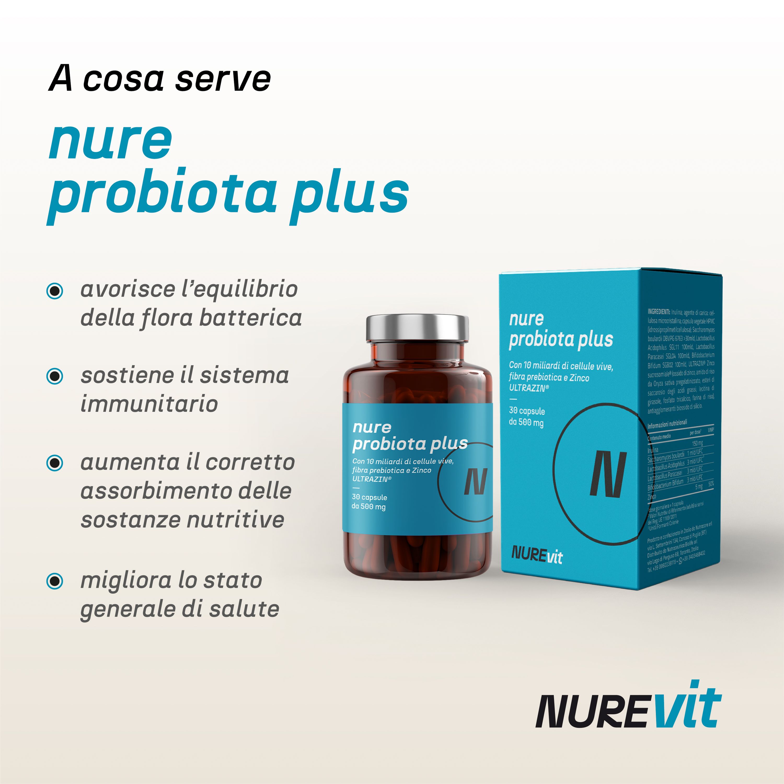 NURE Probiota Plus 30 cps da 500 mg | Integratore Probiotico per l'Equilibrio Intestinale