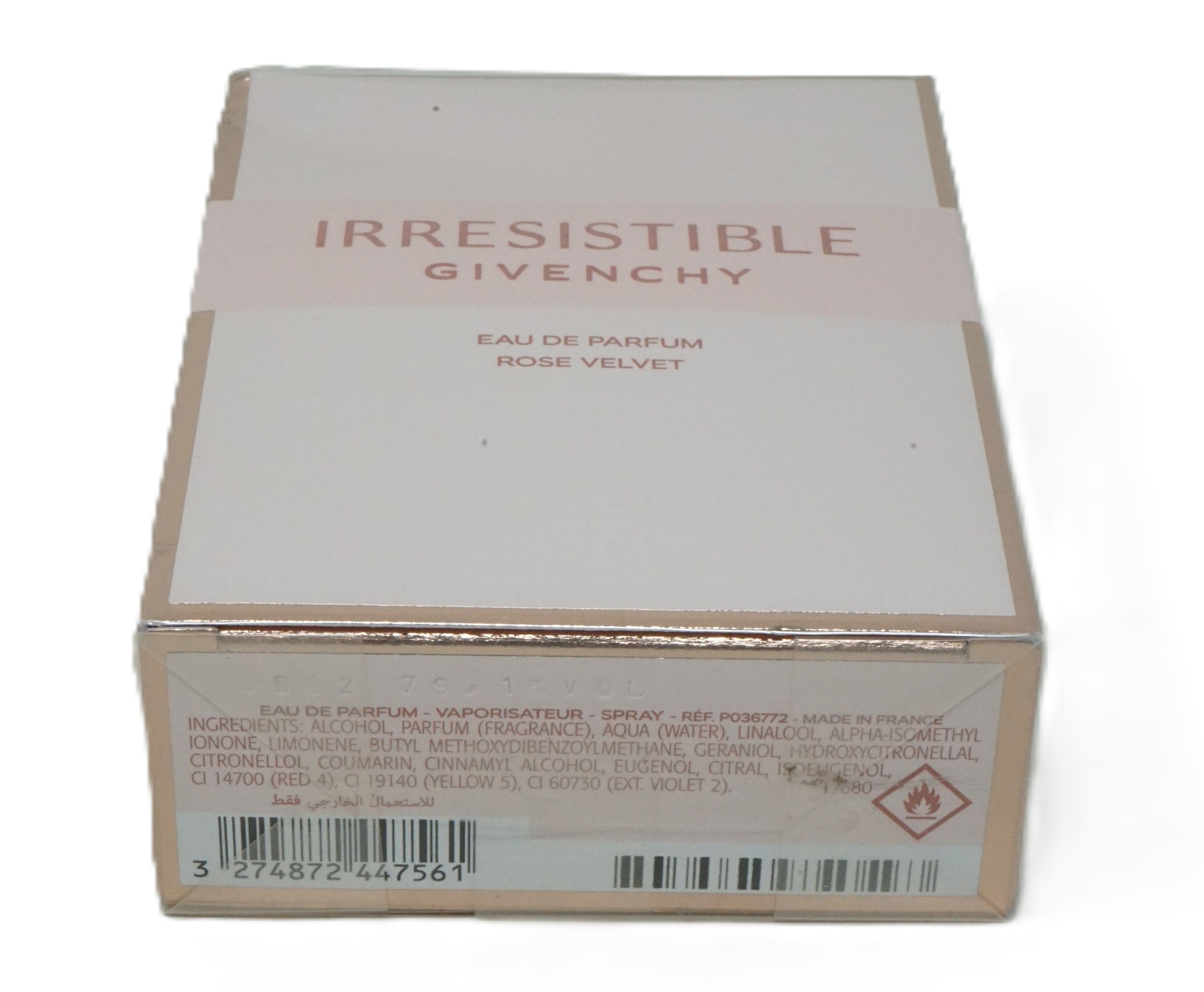 Confezione di Eau de Parfum. Scritta: Irresistible Givenchy Rose Velvet. Codice a barre e ingredienti.