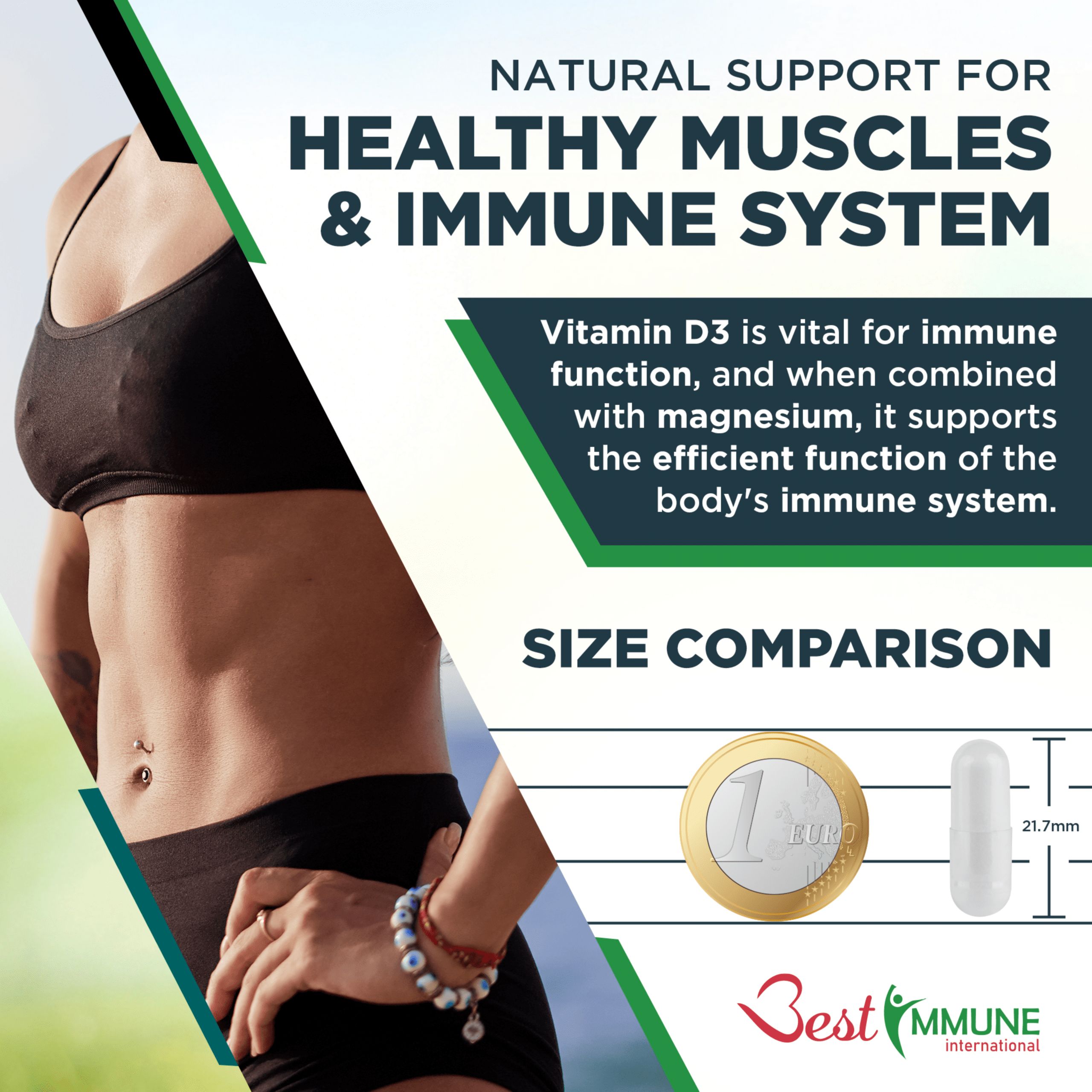 Donna con addominali. Confronto: moneta euro e capsula. Scritta: D3 + Mg Glycinate. Supporta il sistema immunitario.