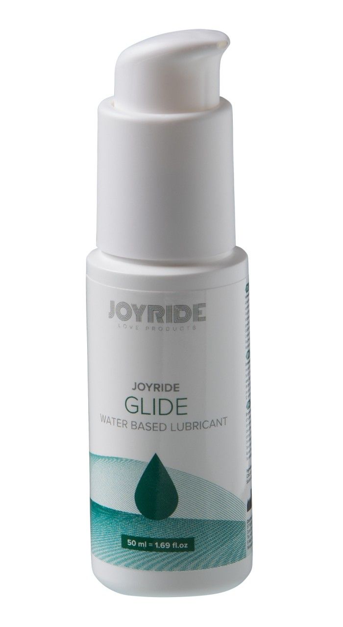 JOYRIDE GLIDE Lubrificante a base d'acqua in un flacone con erogatore bianco.