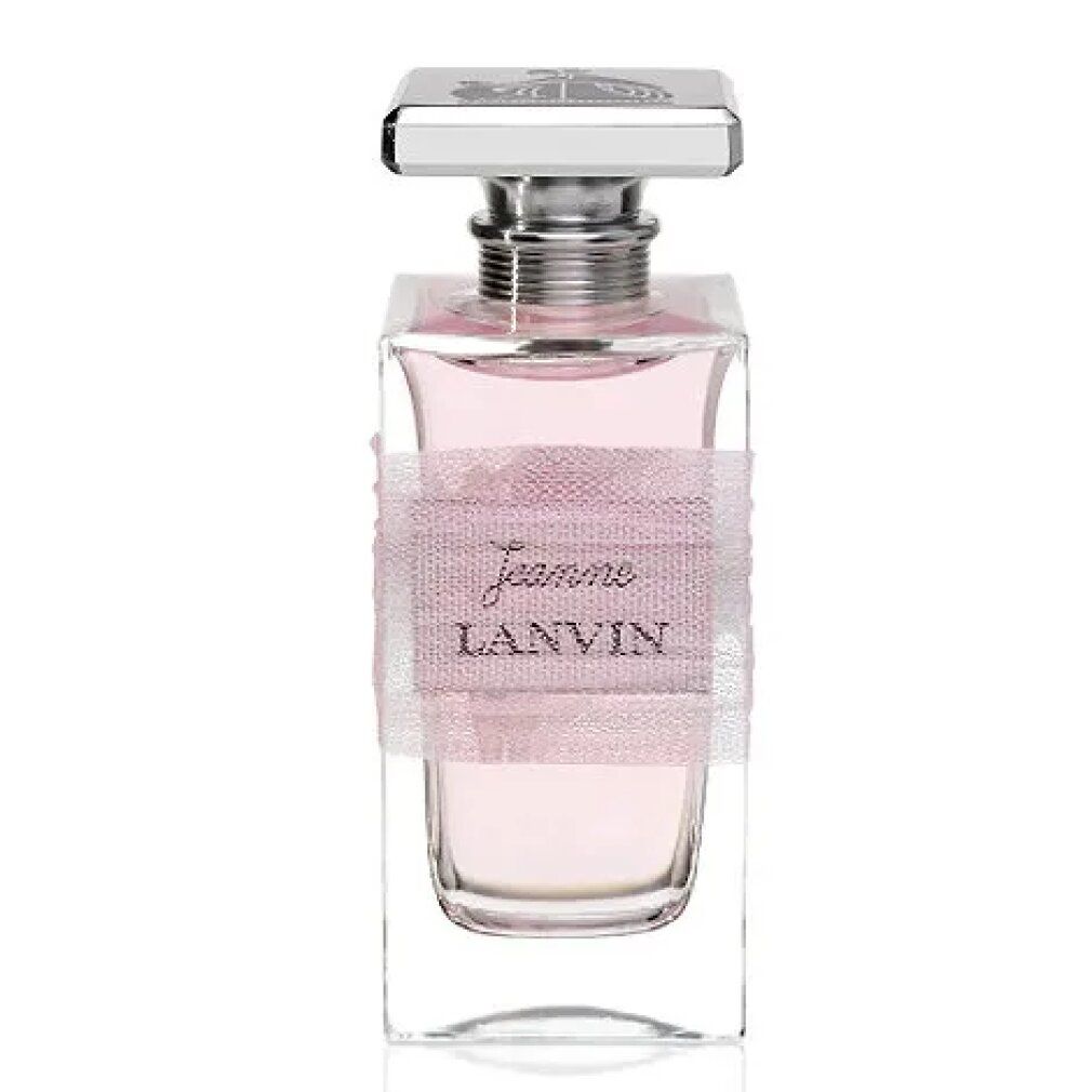 Flacone in vetro con liquido rosa. Tappo argentato. Nastro rosa con scritta: Jeanne LANVIN.