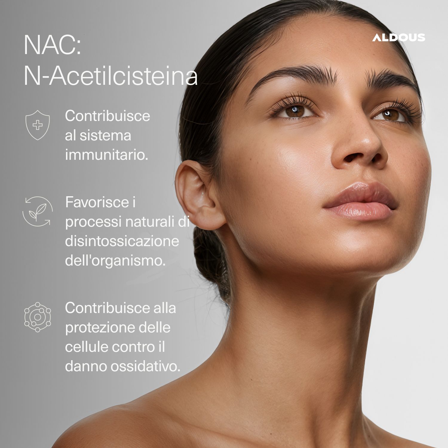 Ritratto di donna. Testo: Supporta il sistema immunitario. Favorisce la detossificazione. Protegge le cellule dallo stress ossidativo.