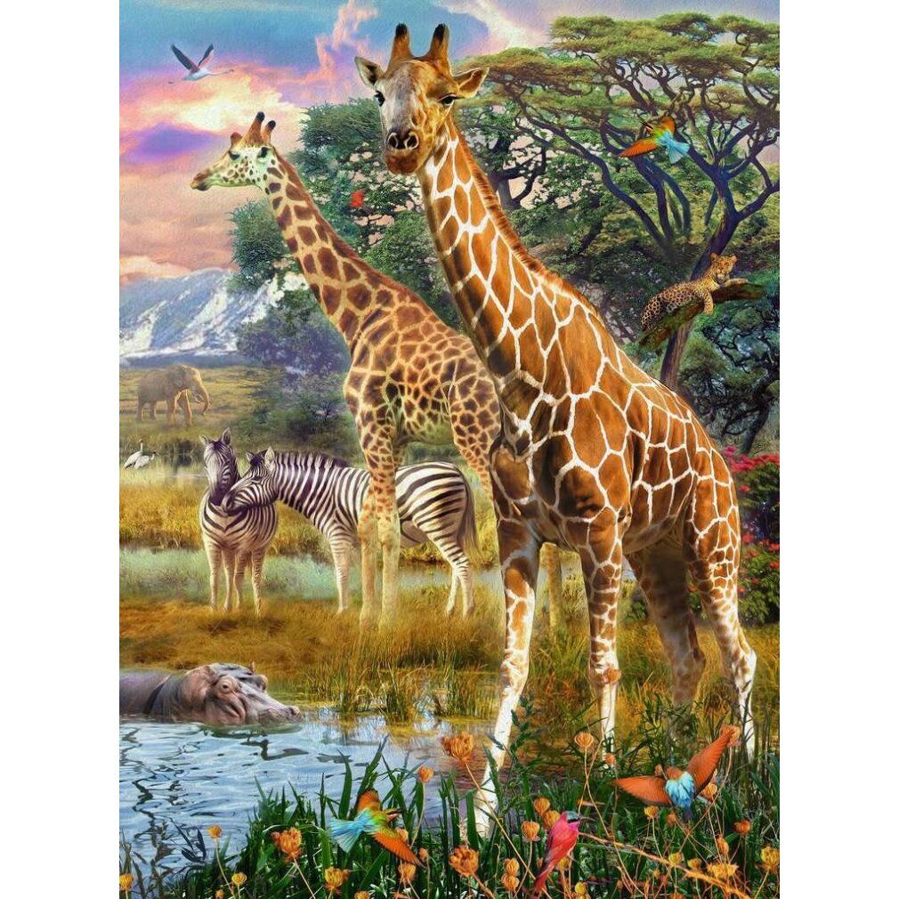 Puzzle con giraffe, zebre e ippopotami in un paesaggio della savana. Senza confezione.