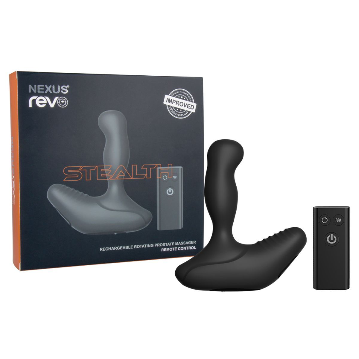 Confezione del prodotto con prodotto e telecomando. Sulla confezione è scritto 'Nexus Revo Stealth'.
