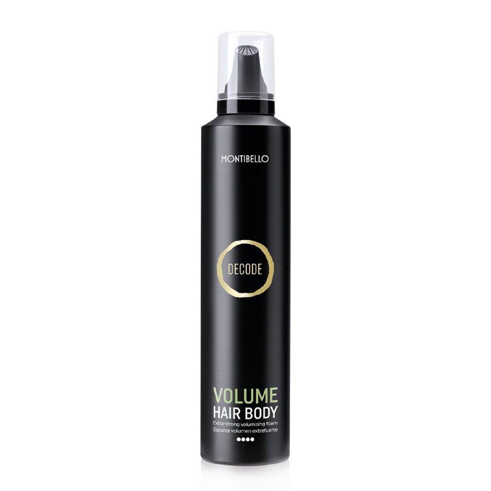 Flacone nero con erogatore. Scritta: DECODE, VOLUME HAIR BODY. Marchio: Montibello.